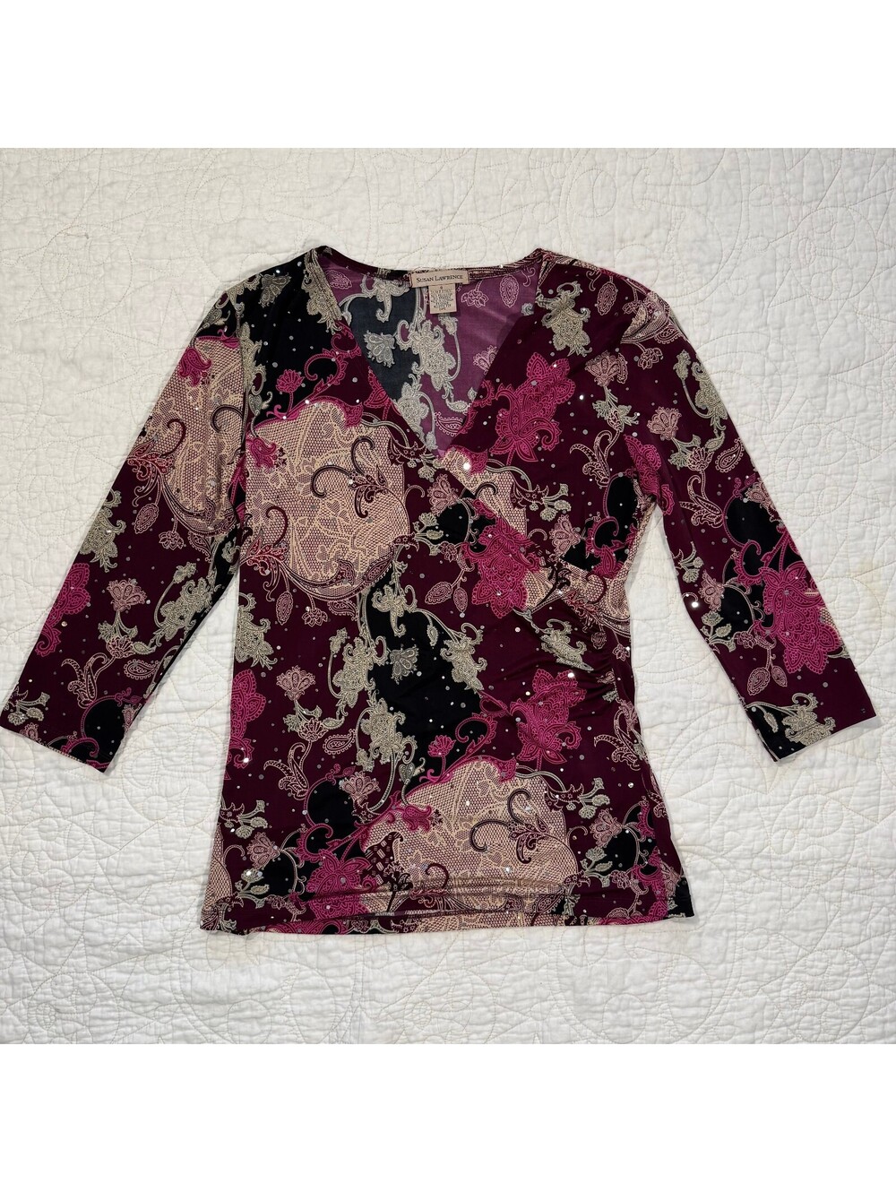 Y2K Black & Purple Paisley Pattern Wrap Style Blouse with Sequins Size Small